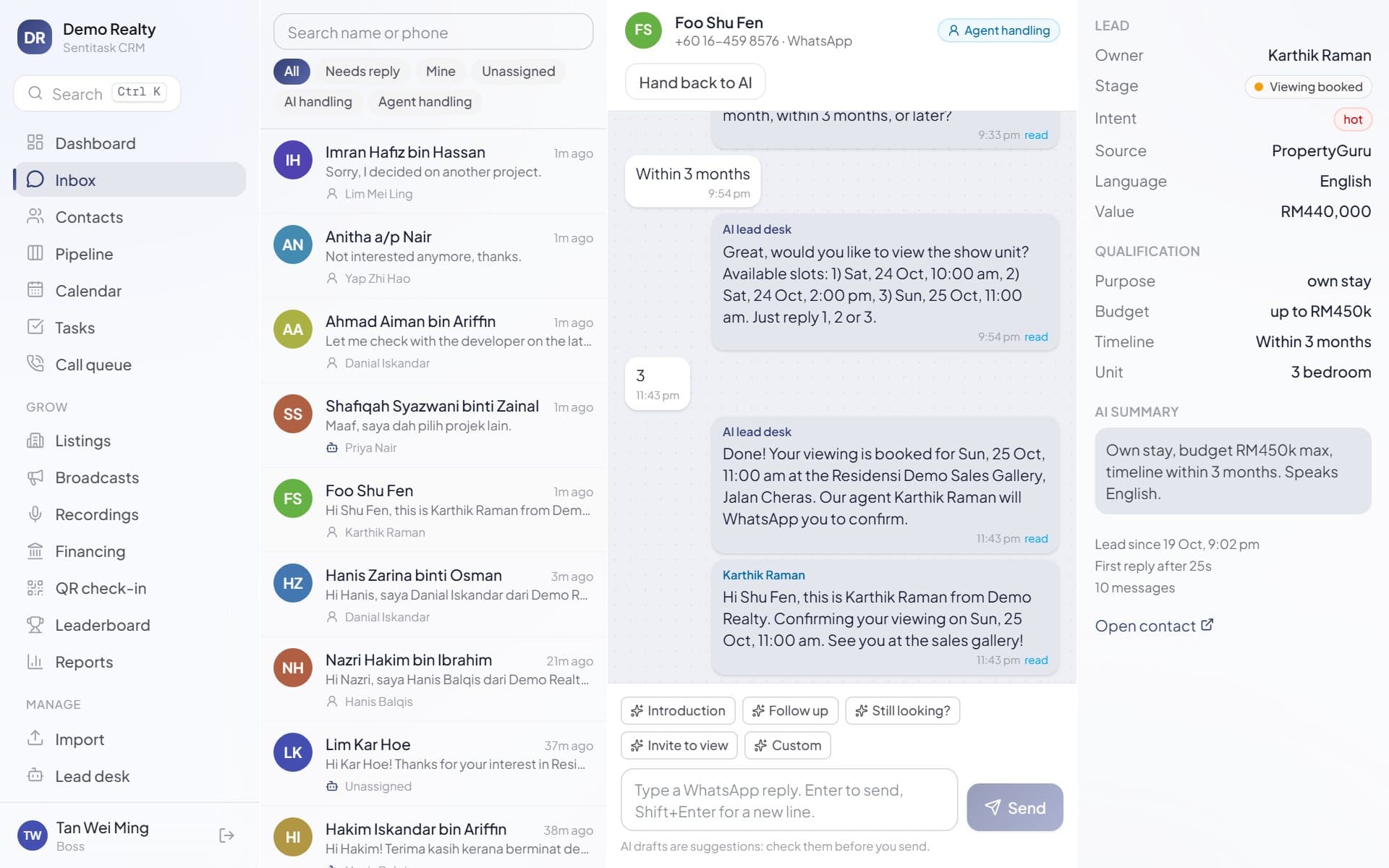 The inbox with an AI conversation and the lead's details